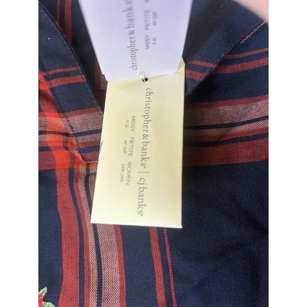 Christopher & Banks Women's Plaid Embroidered L/SL Shirt Size XL Navy/Red NWT